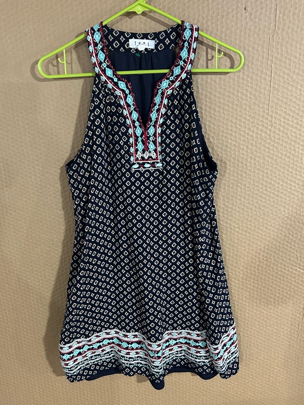 THML Navy Mini Dress with White Diamond Print and Aqua Trim